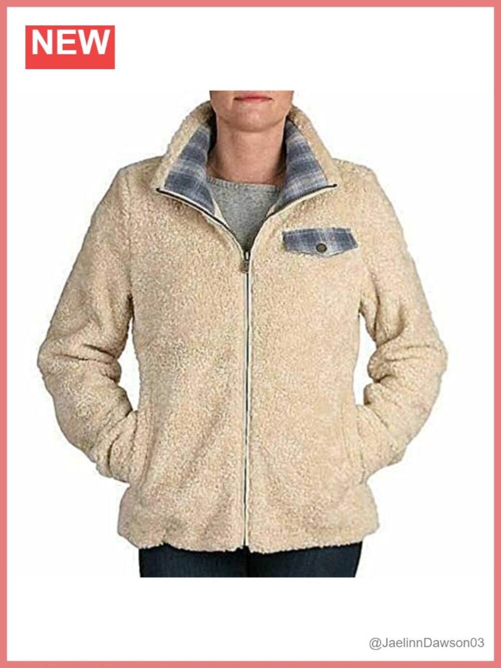 Fuzzy Zip Jacket Loose Fit Band Collar Plaid Aviator Long Sleeve